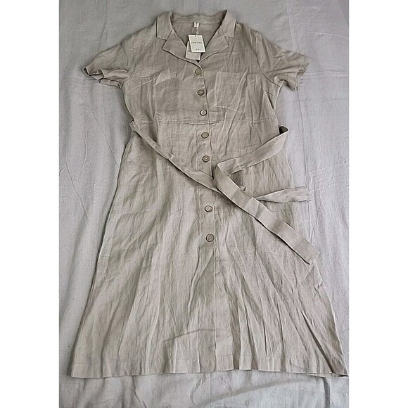 Grae Cove Dresses & Skirts - Grae Cove Linen Dress L Beige Button Tie Pockets V Neck Praire Cottagecore NEW